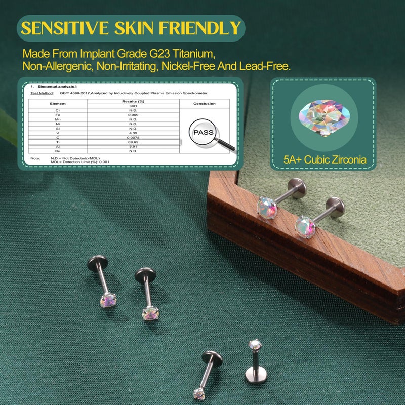 GEMQUEEN Flat Back Earrings Hypoallergenic - G23 Titanium Internal Thread Stud Earring Set 18G Cartilage Helix Tragus Conch Piercing Jewelry Small Nose Lip Labret Studs for Women Men Trendy Rainbow - Image 5