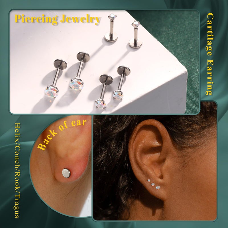 GEMQUEEN Flat Back Earrings Hypoallergenic - G23 Titanium Internal Thread Stud Earring Set 18G Cartilage Helix Tragus Conch Piercing Jewelry Small Nose Lip Labret Studs for Women Men Trendy Rainbow - Image 2