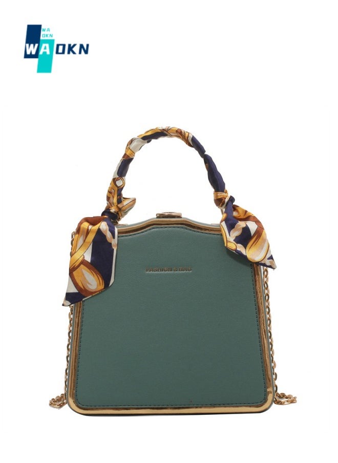 WAOKN - Women's Silk Scarf Embellished Shoulder Bag, Ladies Portable Chain Handle Crossbody Bag Sling Bag Side Bag, Solid PU Leather Tote Bag Handbag Clutch Bag (Green) - Image 1