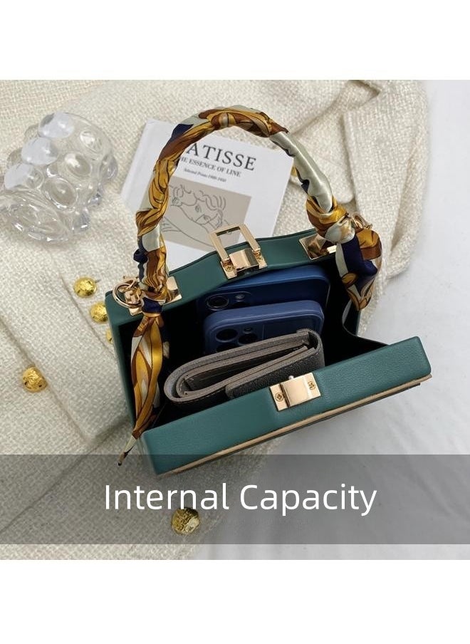 WAOKN - Women's Silk Scarf Embellished Shoulder Bag, Ladies Portable Chain Handle Crossbody Bag Sling Bag Side Bag, Solid PU Leather Tote Bag Handbag Clutch Bag (Green) - Image 1