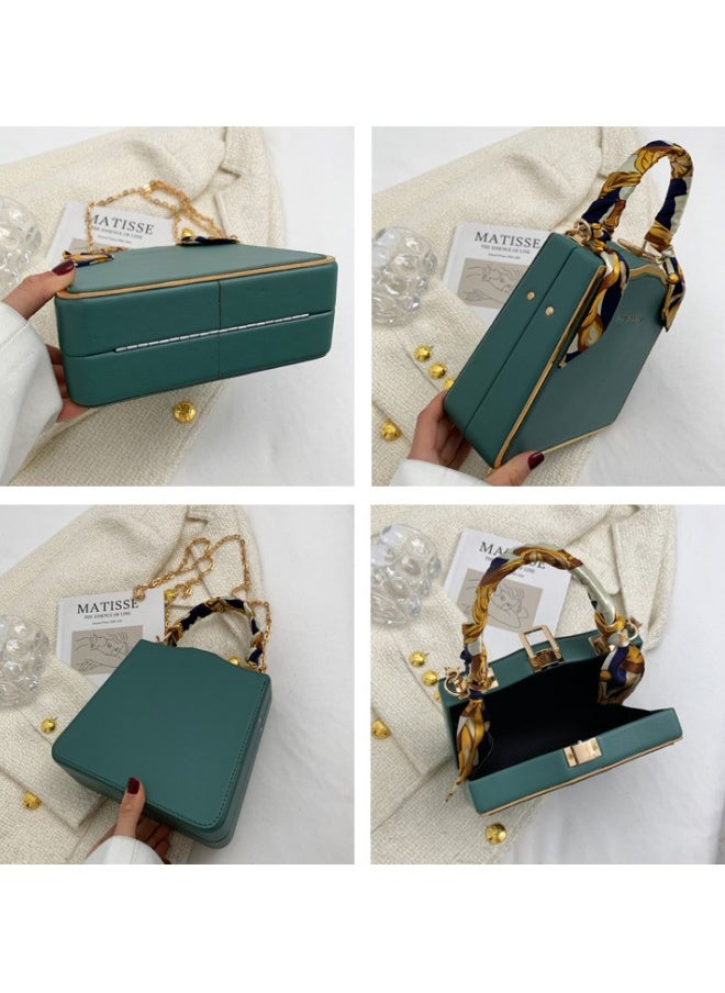 WAOKN - Women's Silk Scarf Embellished Shoulder Bag, Ladies Portable Chain Handle Crossbody Bag Sling Bag Side Bag, Solid PU Leather Tote Bag Handbag Clutch Bag (Green) - Image 1