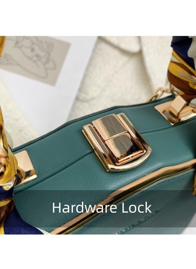 WAOKN - Women's Silk Scarf Embellished Shoulder Bag, Ladies Portable Chain Handle Crossbody Bag Sling Bag Side Bag, Solid PU Leather Tote Bag Handbag Clutch Bag (Green) - Image 1
