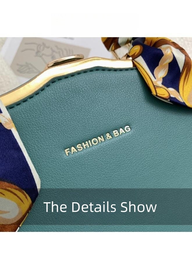 WAOKN - Women's Silk Scarf Embellished Shoulder Bag, Ladies Portable Chain Handle Crossbody Bag Sling Bag Side Bag, Solid PU Leather Tote Bag Handbag Clutch Bag (Green) - Image 1