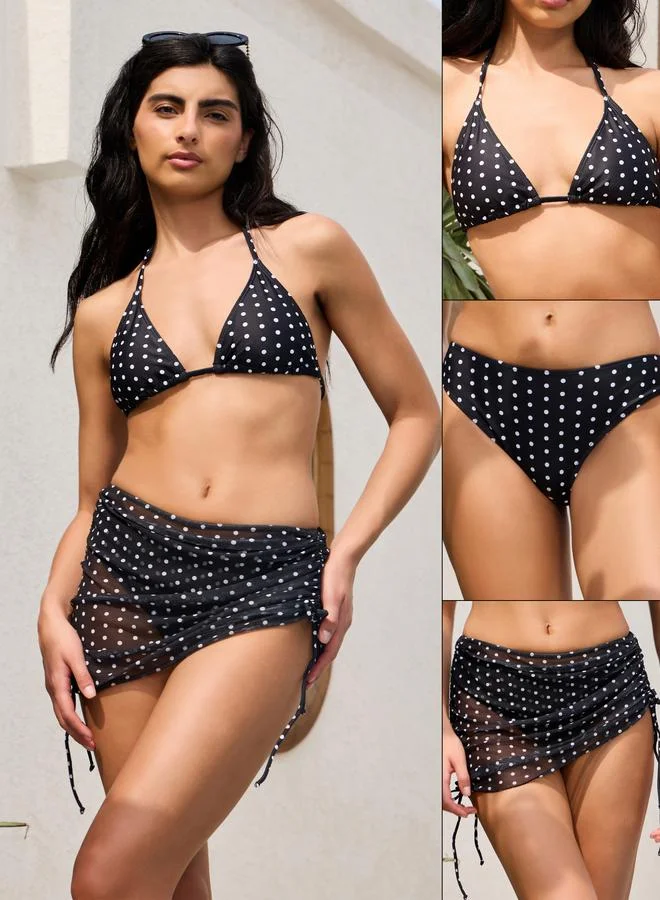 Styli Pack of 3 - Polka Dot Print Tie Back Padded Triangle Bikini, Brief and Wrap Skirt