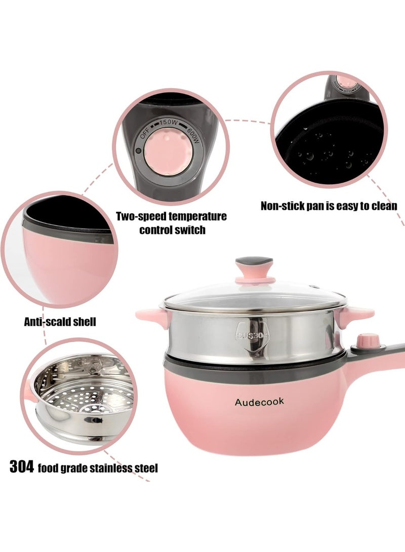 Audecook Electric Hot Pot with Steamer, 1.5L/20cm Multi-Functional Cooker Non-Stick Frying Pan Portable Electric Skillet for Dorm Office for Ramen, Steak, Sauté and Steam - Image 2