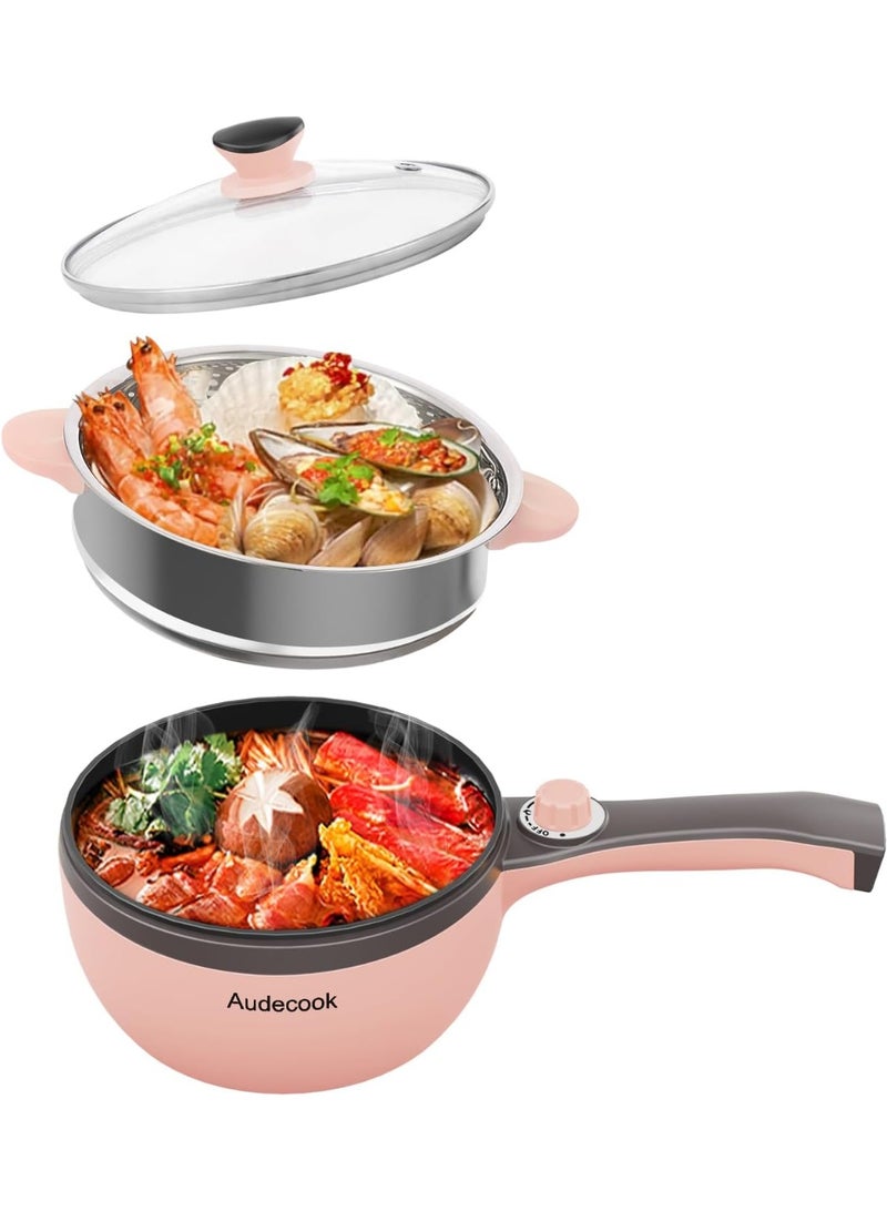 Audecook Electric Hot Pot with Steamer, 1.5L/20cm Multi-Functional Cooker Non-Stick Frying Pan Portable Electric Skillet for Dorm Office for Ramen, Steak, Sauté and Steam - Image 1