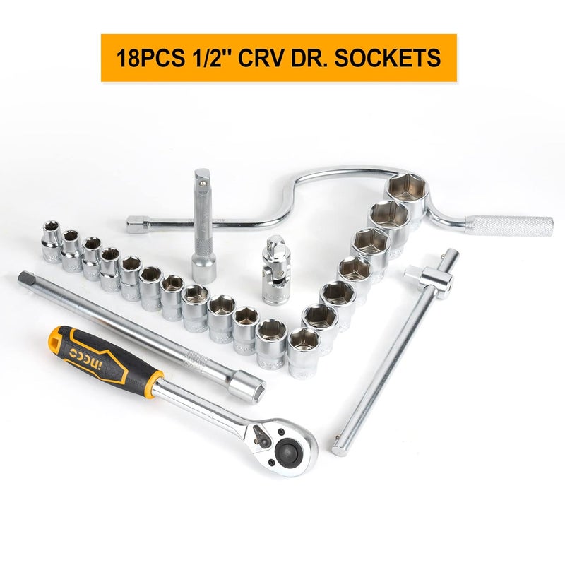 INGCO Ingco 24Pcs 12 Socket Set 18pcs 12 CRV DR Sockets Extension Bar Universal Joint Sliding T Bar Speeder Handle Quick Ratchet Handle Hand Tools Set with Metal Box  - Image 4