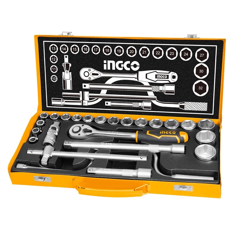 INGCO Ingco 24Pcs 12 Socket Set 18pcs 12 CRV DR Sockets Extension Bar Universal Joint Sliding T Bar Speeder Handle Quick Ratchet Handle Hand Tools Set with Metal Box  - Image 1