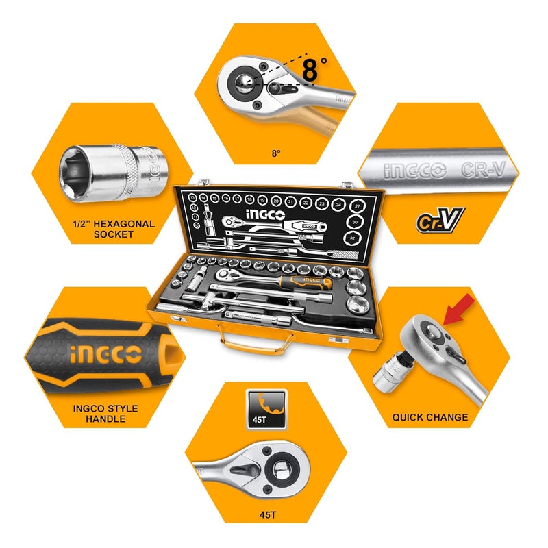 INGCO Ingco 24Pcs 12 Socket Set 18pcs 12 CRV DR Sockets Extension Bar Universal Joint Sliding T Bar Speeder Handle Quick Ratchet Handle Hand Tools Set with Metal Box  - Image 3