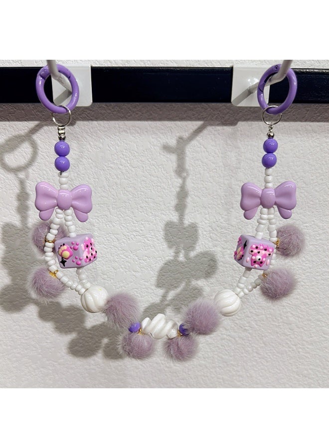 NIBEMINENT Beaded Phone Lanyard, Anti Lost Removable Wrist Strap, Rice Bead Bow Bracelet Pendant, Phone Keychain Lanyard,Light Purple - Image 1