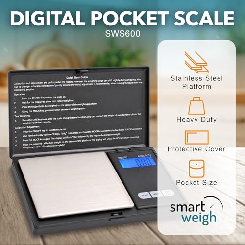 Smart Weigh SWS600 Elite Pocket Sized Digital Gram Scale,Jewelry Scale,Gram Scale,Nutrition Kitchen Scale, School Scale with Slim Design 600 x 0.1g, Black - Image 3