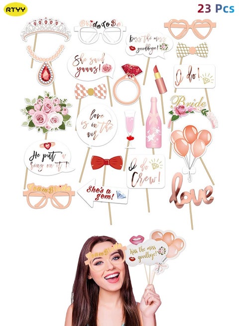Wedding Bridal Shower Photo Booth Props, 23 Pieces Rose Gold Bachelorette Party Decorations Photo Booth for Bridal Shower Bride to Be Girls Night Out Hen Party Gift Accessories Wedding Favor Supplies
