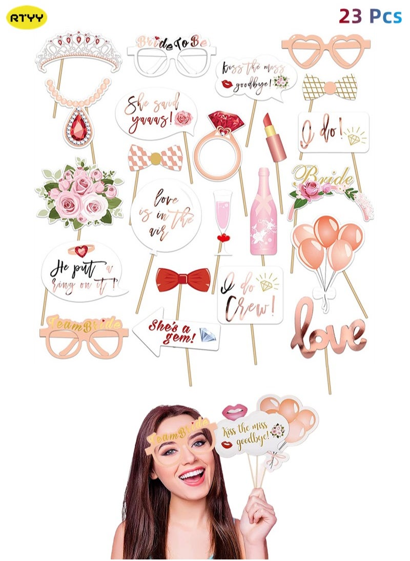 RTYY Wedding Bridal Shower Photo Booth Props, 23 Pieces Rose Gold Bachelorette Party Decorations Photo Booth for Bridal Shower Bride to Be Girls Night Out Hen Party Gift Accessories Wedding Favor Supplies  - Image 1