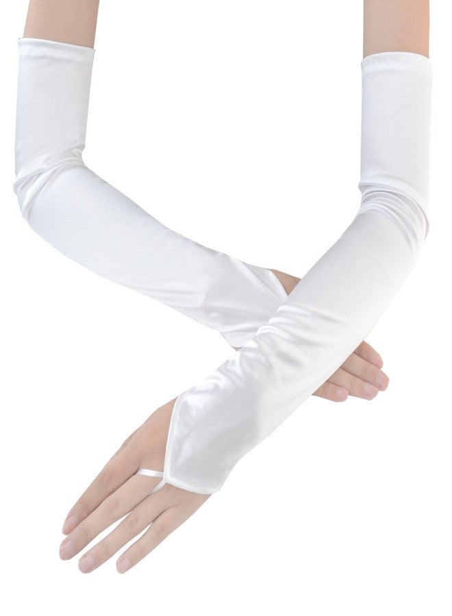 جيسن قفازات جيسن النسائية الطويلة بدون أصابع، تصل إلى فوق الكوع، مصنوعة من الساتان اللامع، مناسبة لحفلات الزفاف، لون أبيض، طولها 18 بوصة - Image 1