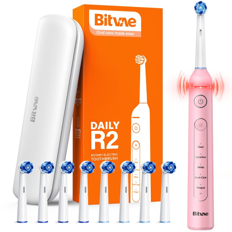 Bitvae R2 Rotating Electric Toothbrush for Adults with 8 Brush Heads, 5 Modes Rechargeable Power Toothbrush with Pressure Sensor, Pink - Image 1
