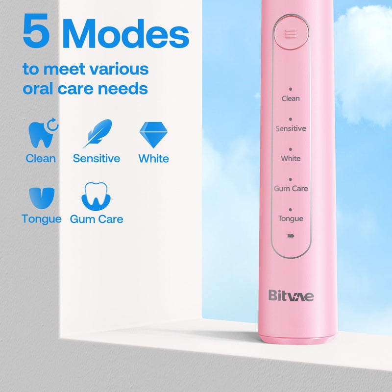 Bitvae R2 Rotating Electric Toothbrush for Adults with 8 Brush Heads, 5 Modes Rechargeable Power Toothbrush with Pressure Sensor, Pink - Image 5