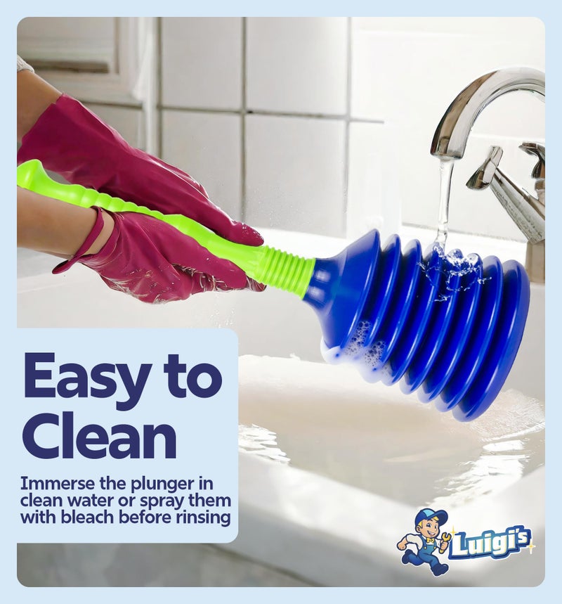 Luigi's Sink Plunger Kitchen - Sink Plunger Bathroom - Drain Bathtub or Shower - Large and Powerful Clog Remover - Commercial Style "Plumbers Plungers" with Large Bellows - Blue Green - Grande - Image 5