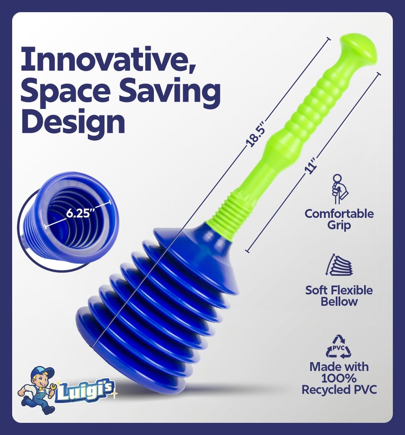 Luigi's Sink Plunger Kitchen - Sink Plunger Bathroom - Drain Bathtub or Shower - Large and Powerful Clog Remover - Commercial Style "Plumbers Plungers" with Large Bellows - Blue Green - Grande - Image 4