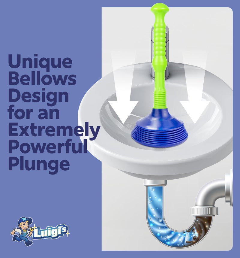 Luigi's Sink Plunger Kitchen - Sink Plunger Bathroom - Drain Bathtub or Shower - Large and Powerful Clog Remover - Commercial Style "Plumbers Plungers" with Large Bellows - Blue Green - Grande - Image 3