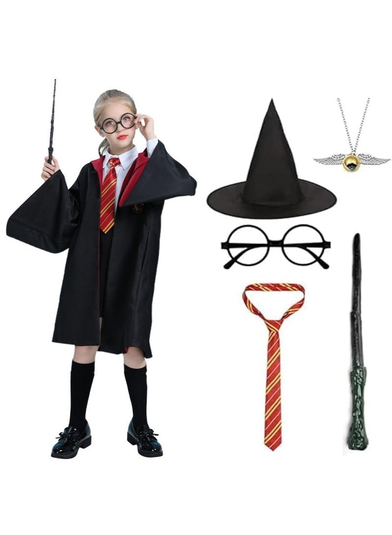 TAPIT 6PCS Magic Wizard Costume Set for Kids, Wizard Cosplay Party Costumes Set with Magic Wand, Hat, Glasses Frame, and Necklace, School Costume Robe with Cosplay Costume Accessories, for Boys and Girls (Size: 115cm)  - Image 1