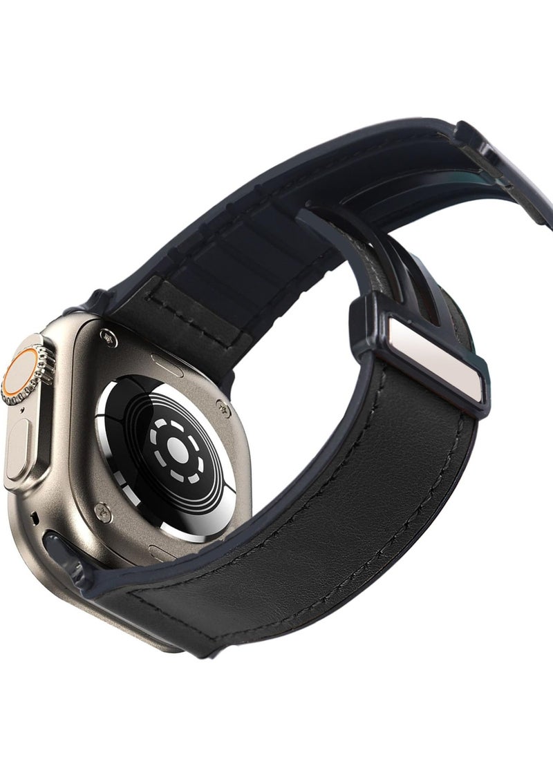 SYOSI - Magnetic Leather Watch Band for Apple Watch, Compatible with 49mm 45mm 44mm 42mm, Genuine Leather Strap with Magnetic Buckle, Fits for Apple Watch Ultra 9 8 7 Series, Black - Image 1