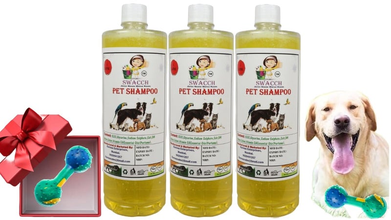 swacch Pet Shampoo + Dumbbell Toy I Durable Rubber Dog Toy for Chewing I Playing,Teeth Cleaning & Training Toy I Combo Pack I 1 Litre Pack of 3 Lemon - Image 1