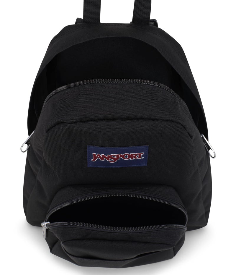 JANSPORT حقيبة ظهر جانسبورت هاف بينت ميني للنساء والرجال والفتيات والفتيان، سوداء، 10.2 لتر - حقيبة صغيرة متينة مع أحزمة كتف قابلة للتعديل، حجرة رئيسية واحدة، جيب بسحاب مخفي، سوداء - Image 4