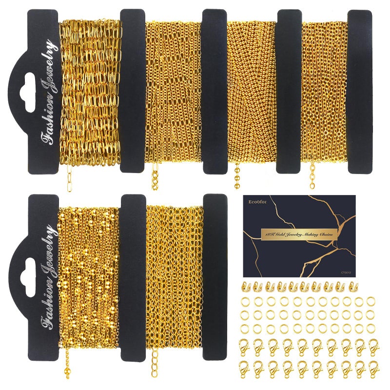 Ecoofor 18k Gold Necklace Chains for Jewelry Making 393 Feet 6 Rolls Bracelet Chains for DIY65Feet Each Style Gold Chain with Jump RingsLobster ClaspsConnectors