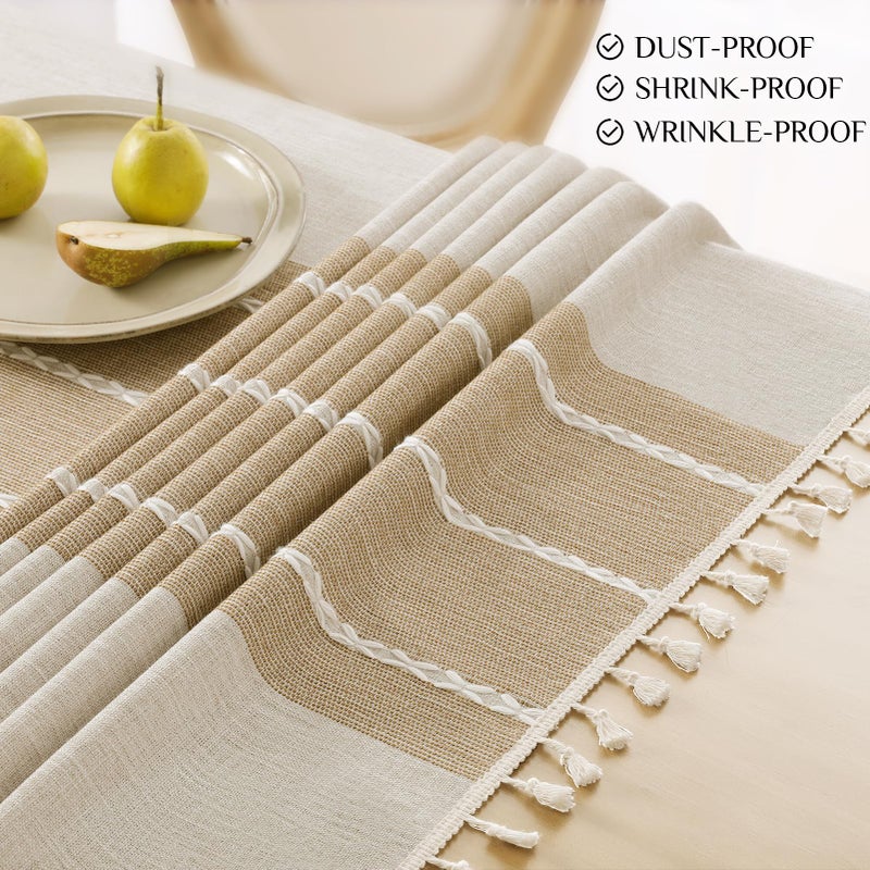 Softalker Outdoor Tablecloth Rectangle, Waterproof Linen Cotton Farmhouse Table Cloths with Tassel, Heavy Weight Wrinkle Free Boho Table Cover for Picnic Camping Dining - 55 x 70 Inch, Coffee Lines - Image 4