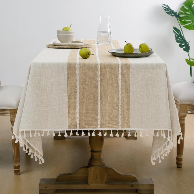 Softalker Outdoor Tablecloth Rectangle, Waterproof Linen Cotton Farmhouse Table Cloths with Tassel, Heavy Weight Wrinkle Free Boho Table Cover for Picnic Camping Dining - 55 x 70 Inch, Coffee Lines - Image 1