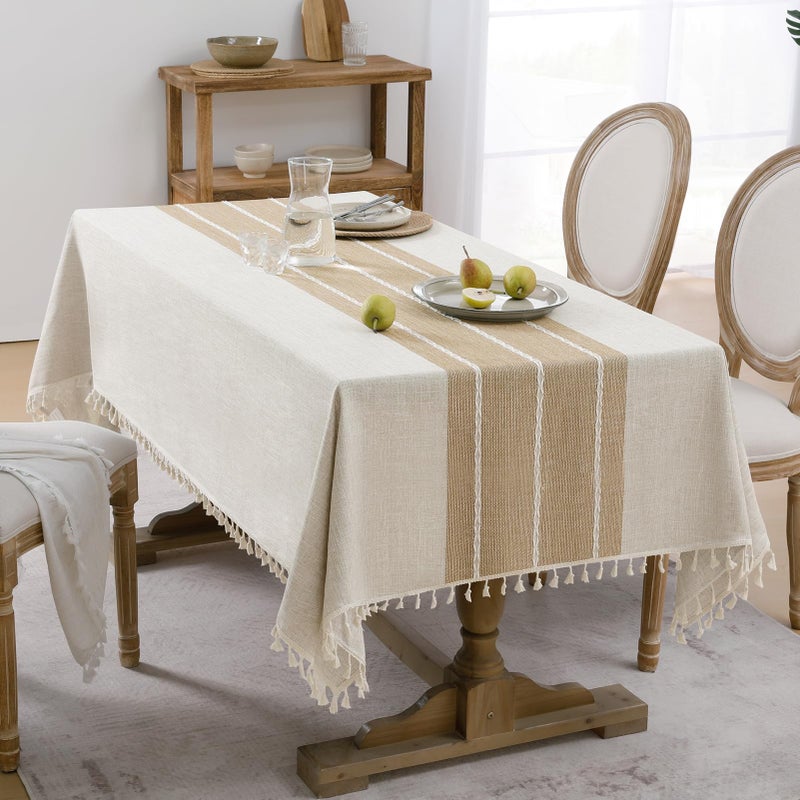 Softalker Outdoor Tablecloth Rectangle, Waterproof Linen Cotton Farmhouse Table Cloths with Tassel, Heavy Weight Wrinkle Free Boho Table Cover for Picnic Camping Dining - 55 x 70 Inch, Coffee Lines - Image 2