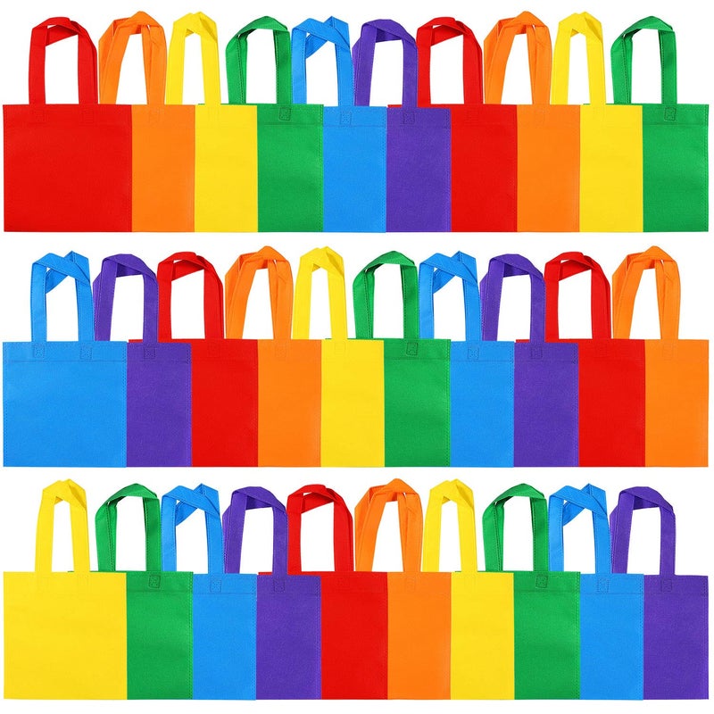 Elcoho 30Piece Rainbow NonWoven Party Favor Tote Bags 8x8 Inch Red Orange Yellow Green Blue Purple Wedding Birthday Holiday Travel Gift Storage