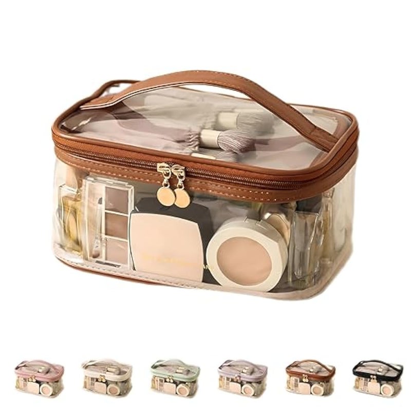 Clear Bag - Large Capacity Waterproof Makeup Storage with Portable Design for Multi-functional Toiletry Organization in Stylish Brown Color for Travel (2PCS) - Image 1