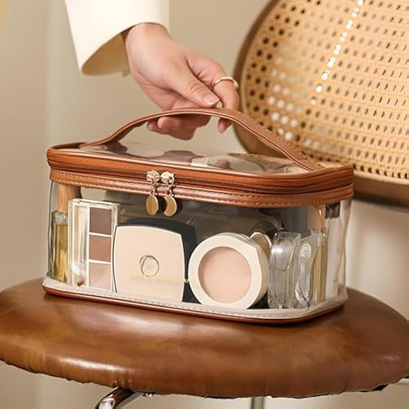 Clear Bag - Large Capacity Waterproof Makeup Storage with Portable Design for Multi-functional Toiletry Organization in Stylish Brown Color for Travel (2PCS) - Image 4