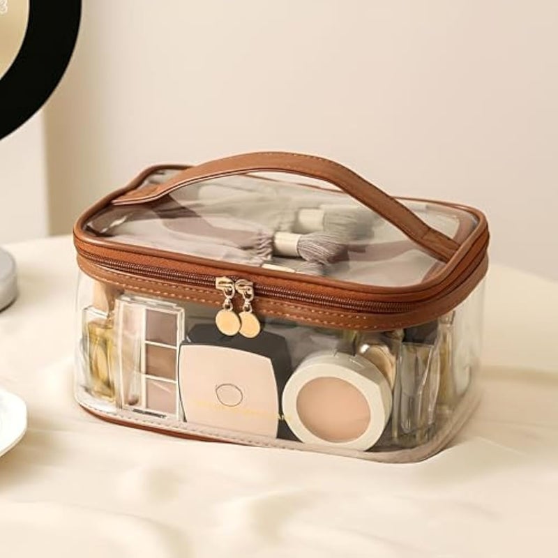 Clear Bag - Large Capacity Waterproof Makeup Storage with Portable Design for Multi-functional Toiletry Organization in Stylish Brown Color for Travel (2PCS) - Image 2