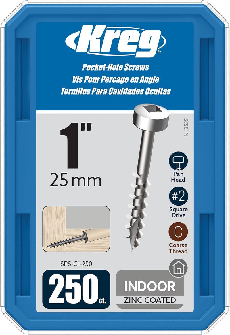Kreg SPS-C1-250 Zinc Pocket Screws, 1-Inch #7 Coarse Thread, Pan- Head (250 Count) - Image 1