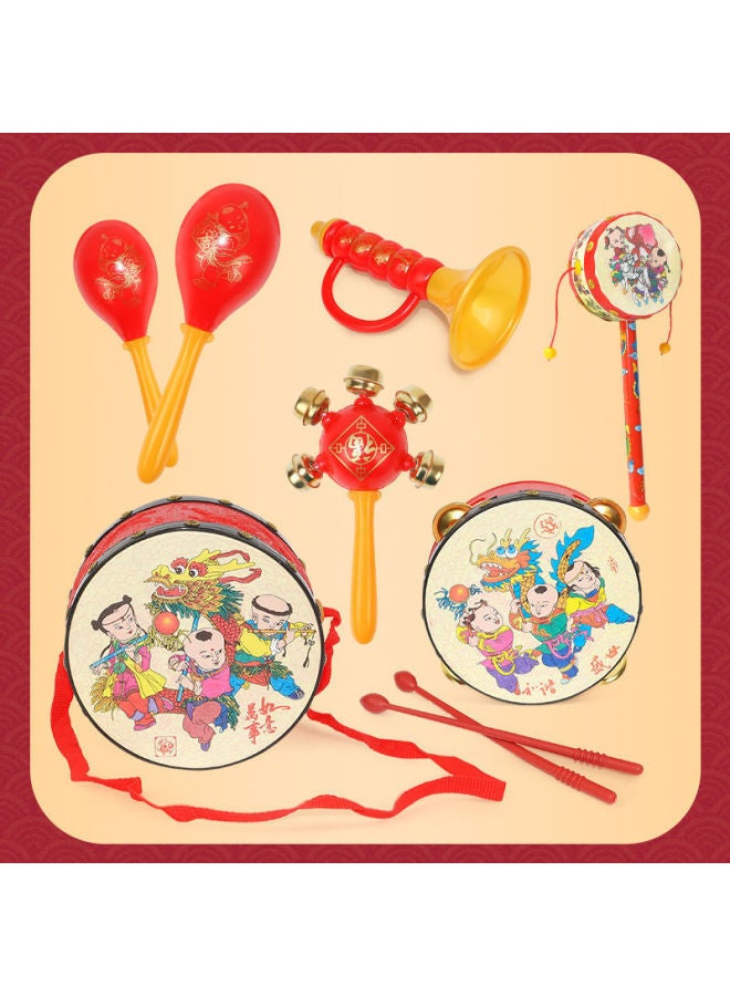 Baby Rattle Baby Toy 3-6-12 Months 0-1 Year Old Newborn Male Puzzle Early Education Hammer Hand Rattle 2-Color:Ruyi Ping An 5-piece Set + Hand Drum + Rattle Drum - Image 1