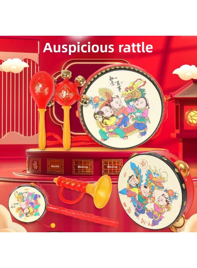 Baby Rattle Baby Toy 3-6-12 Months 0-1 Year Old Newborn Male Puzzle Early Education Hammer Hand Rattle 2-Color:Ruyi Ping An 5-piece Set + Hand Drum + Rattle Drum - Image 2