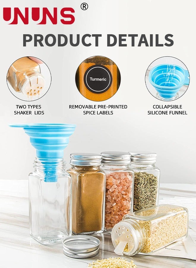 UNUNS 12-Piece Glass Spice Jars Set,120ml Spice Containers Airtight Metal Caps,Seasoning Storage Bottles With Spice Labels,Silicone Collapsible Funnel,Sponge Brush And Whiteboard Pen  - Image 5