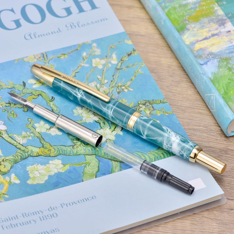Wikult Jinhao 10 Press Fountain Pen with Box, Marble Blue Retractable Fine Nib with Ink Converte Set (Golden Clip) - Image 3
