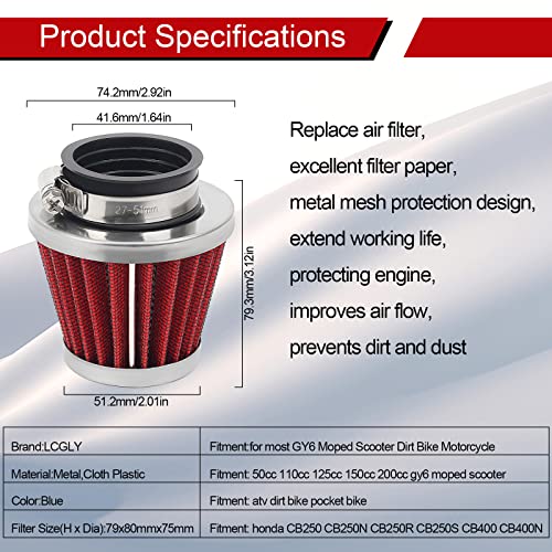 LCGLY 2PCS 42mm Universal Air Filter For GY6 125CC 150CC 200CC 250CC Dirt Bike ATV Quad Scooter Go Kart Compatible With Kawasaki Suzuki Yamaha PZ24 PZ30 Carburetor Moped Roketa Taotao for Motorcycle - Image 3