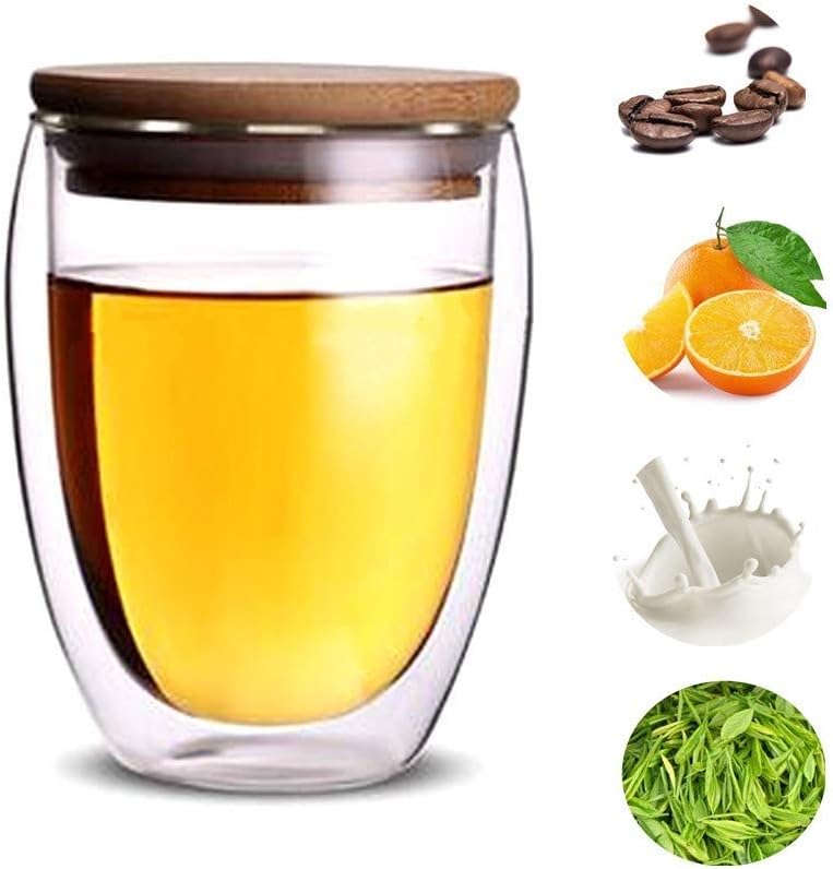 Baskety Glass Coffee Mugs - 350ml Double Walled Insulated Mug with Bamboo lid, Perfect for Latte, Americano, Cappuccinos, Tea Bag, Beverage. (Pack of 1) - Image 3
