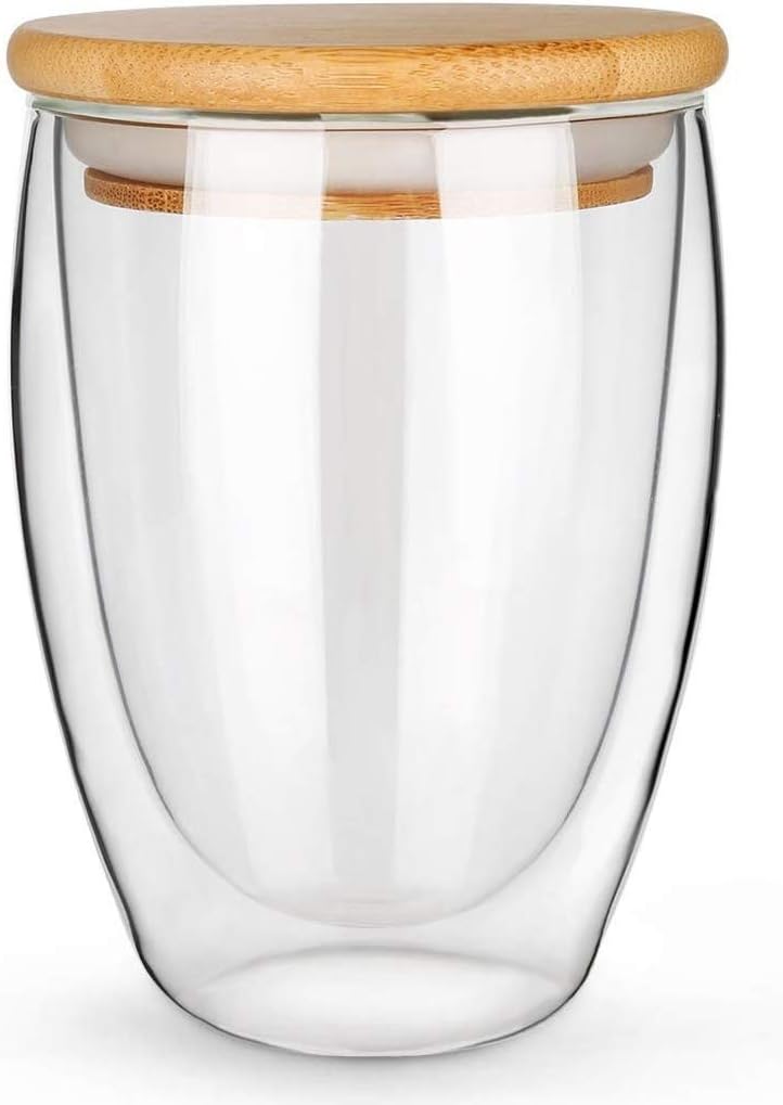 Baskety Glass Coffee Mugs - 350ml Double Walled Insulated Mug with Bamboo lid, Perfect for Latte, Americano, Cappuccinos, Tea Bag, Beverage. (Pack of 1) - Image 1
