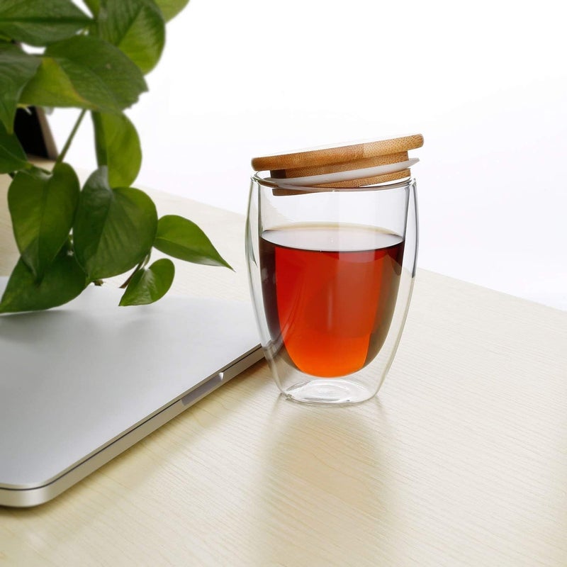Baskety Glass Coffee Mugs - 350ml Double Walled Insulated Mug with Bamboo lid, Perfect for Latte, Americano, Cappuccinos, Tea Bag, Beverage. (Pack of 1) - Image 2