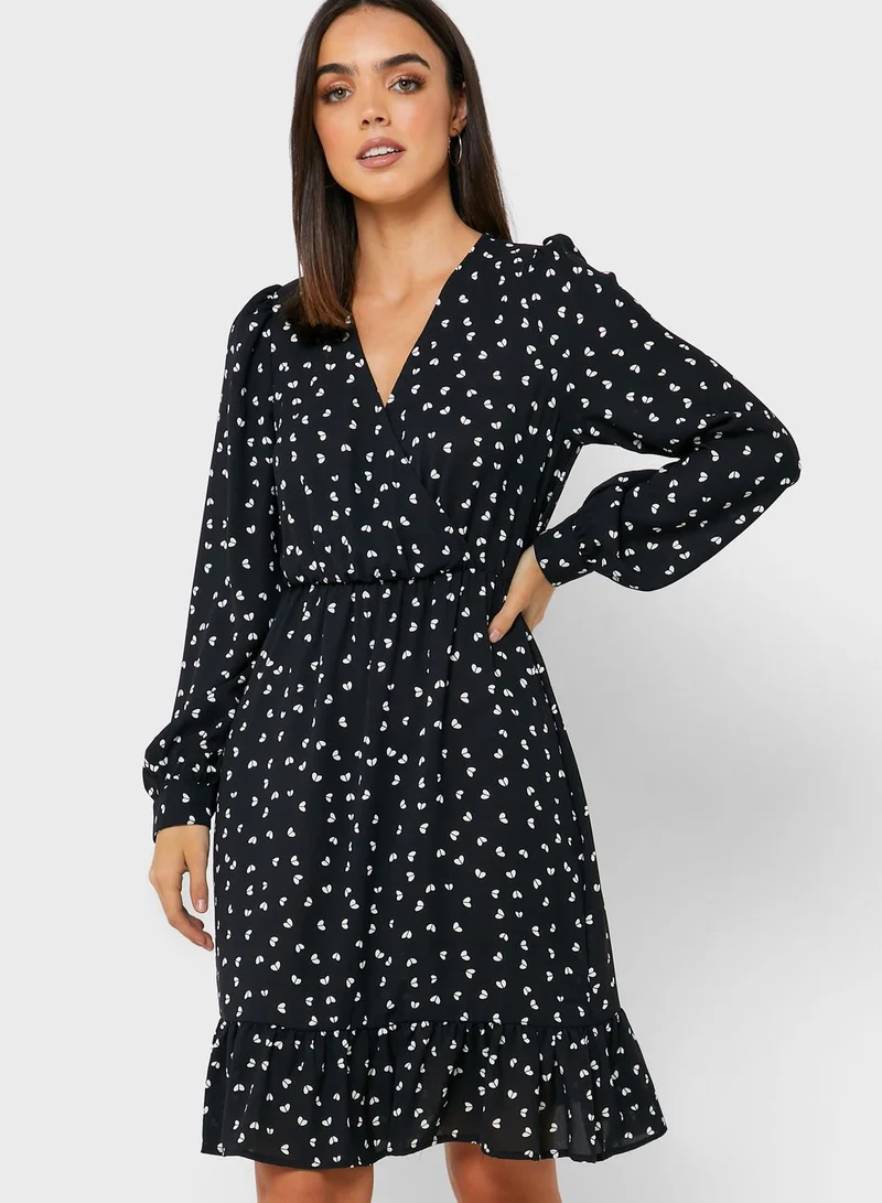 PIECES Printed Ruffle Hem Wrap Dress