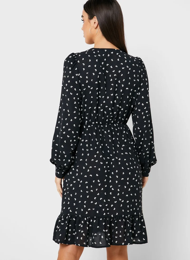 PIECES Printed Ruffle Hem Wrap Dress