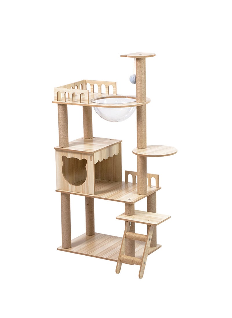 Kidle - Modern Cat Tree With Acrylic Space Capsule Cat Tree No Carpet Multi-Level Rugged Density Board Cat Tower With Large Cat Condo Round Top Perch Scratching Post 135x60x40 Cm Beige Wood - Image 1