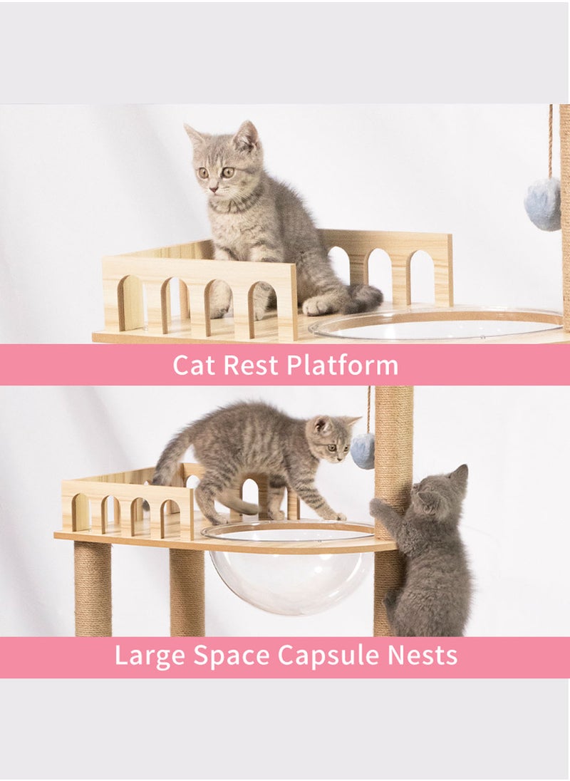 Kidle - Modern Cat Tree With Acrylic Space Capsule Cat Tree No Carpet Multi-Level Rugged Density Board Cat Tower With Large Cat Condo Round Top Perch Scratching Post 135x60x40 Cm Beige Wood - Image 1