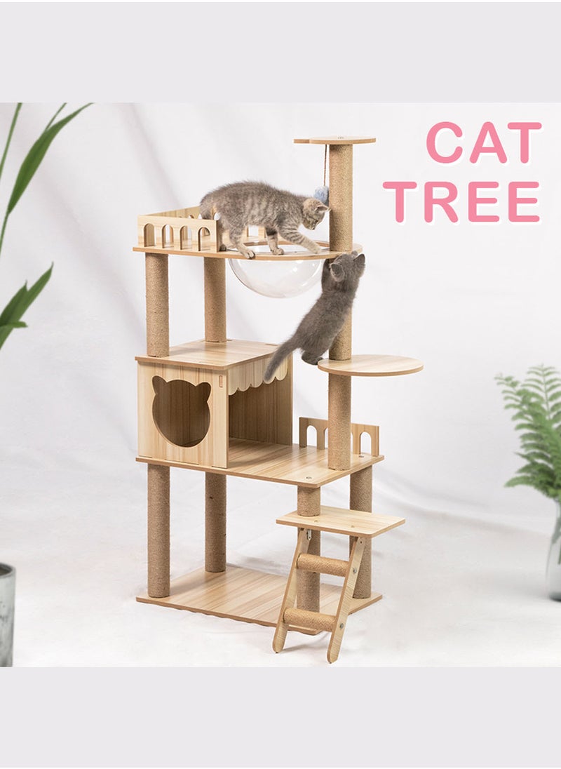 Kidle - Modern Cat Tree With Acrylic Space Capsule Cat Tree No Carpet Multi-Level Rugged Density Board Cat Tower With Large Cat Condo Round Top Perch Scratching Post 135x60x40 Cm Beige Wood - Image 1