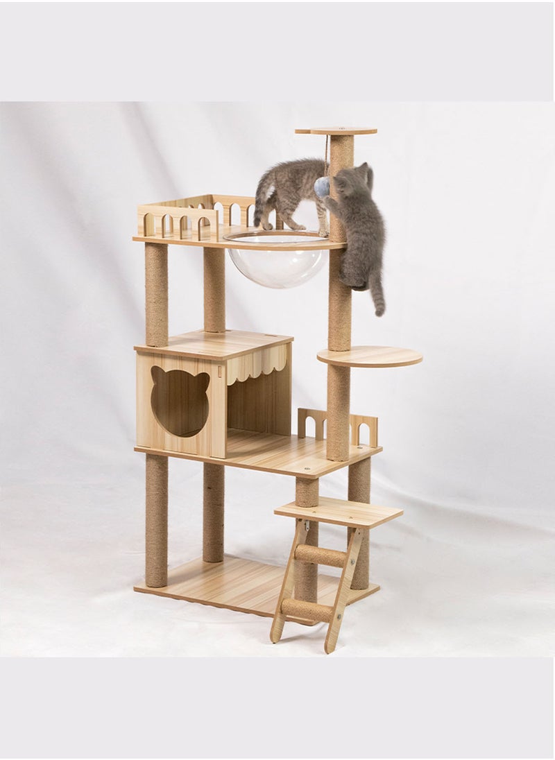 Kidle - Modern Cat Tree With Acrylic Space Capsule Cat Tree No Carpet Multi-Level Rugged Density Board Cat Tower With Large Cat Condo Round Top Perch Scratching Post 135x60x40 Cm Beige Wood - Image 1